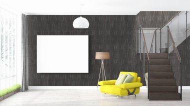 Boş çerçeve ile modern parlak iç. 3D render