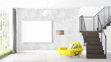 Boş çerçeve ile modern parlak iç. 3D render