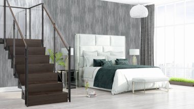 Modern parlak iç. 3D render