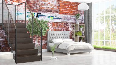 Modern parlak iç. 3D render