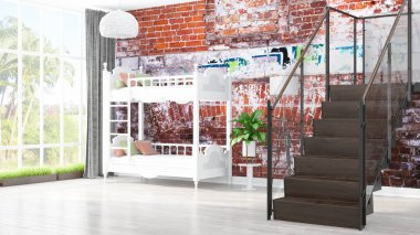 Modern parlak iç. 3D render