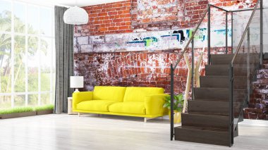 Modern parlak iç. 3D render