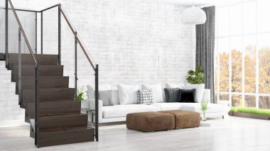 Modern parlak iç. 3D render