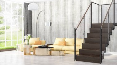 Modern parlak iç. 3D render