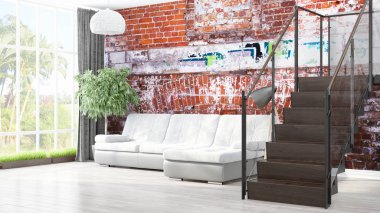 Modern parlak iç. 3D render