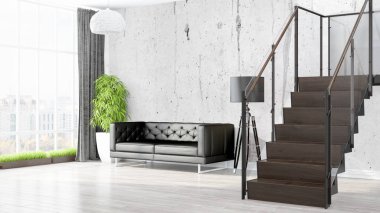 Modern parlak iç. 3D render