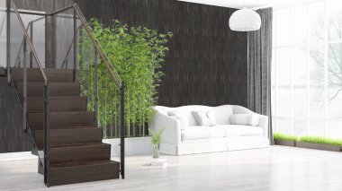 Modern parlak iç. 3D render