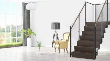 Modern parlak iç. 3D render