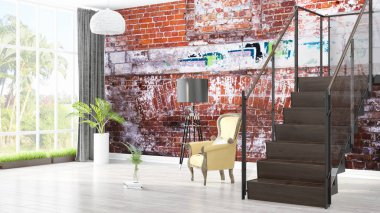 Modern parlak iç. 3D render