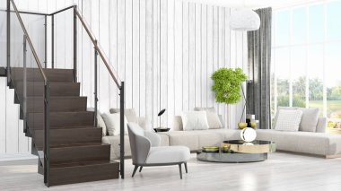 Modern parlak iç. 3D render