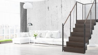 Modern parlak iç. 3D render