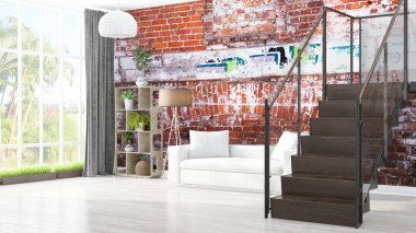 Modern parlak iç. 3D render