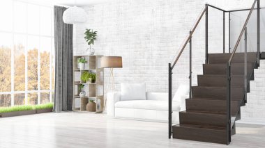 Modern parlak iç. 3D render