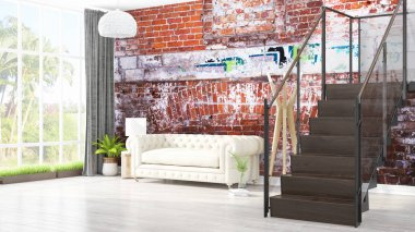 Modern parlak iç. 3D render