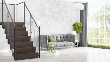 Modern parlak iç. 3D render