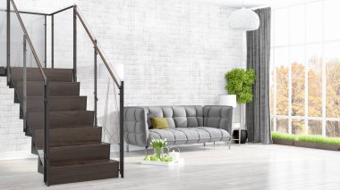 Modern parlak iç. 3D render
