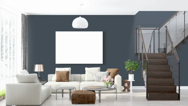 Moderne lichte interieur met lege kader. 3D-rendering — Stockfoto