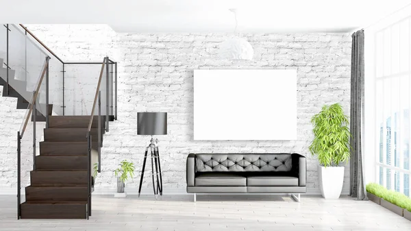 Boş çerçeve ile modern parlak iç. 3D render