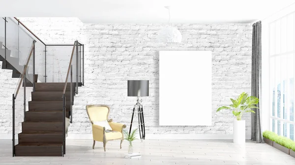 Boş çerçeve ile modern parlak iç. 3D render