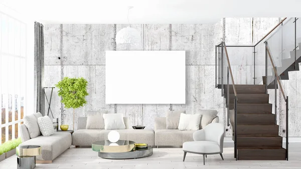 Moderne lichte interieur met lege kader. 3D-rendering — Stockfoto