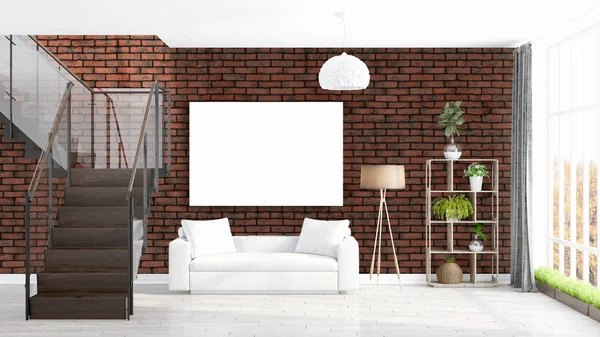 Modern bright interior with empty frame . 3D rendering — Stock Photo, Image