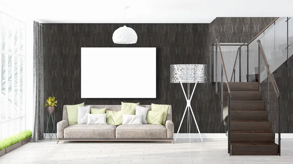 Moderne lichte interieur met lege kader. 3D-rendering — Stockfoto