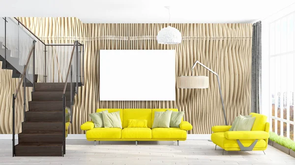 Boş çerçeve ile modern parlak iç. 3D render