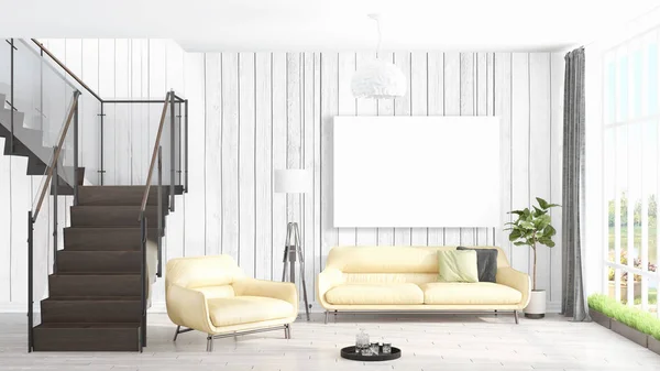 Moderne lichte interieur met lege kader. 3D-rendering — Stockfoto