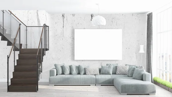 Modern bright interior with empty frame . 3D rendering — Stock Photo, Image