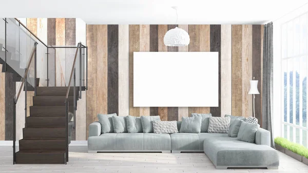 Modern bright interior with empty frame . 3D rendering — Stock Photo, Image