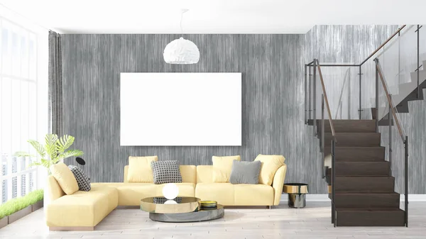 Moderne lichte interieur met lege kader. 3D-rendering — Stockfoto