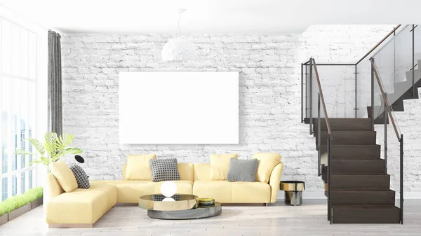 Boş çerçeve ile modern parlak iç. 3D render