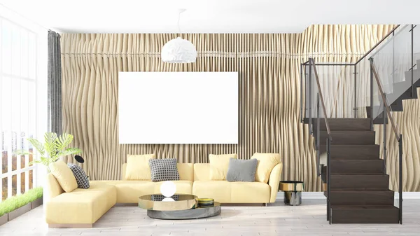 Modernes helles Interieur mit leerem Rahmen. 3D-Darstellung — Stockfoto