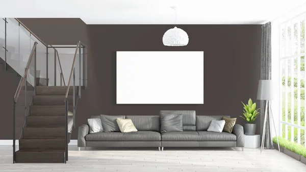 Boş çerçeve ile modern parlak iç. 3D render — Stok fotoğraf