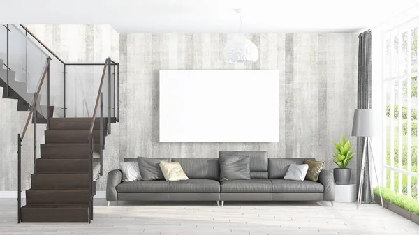 Modern bright interior with empty frame . 3D rendering — Stock Photo, Image