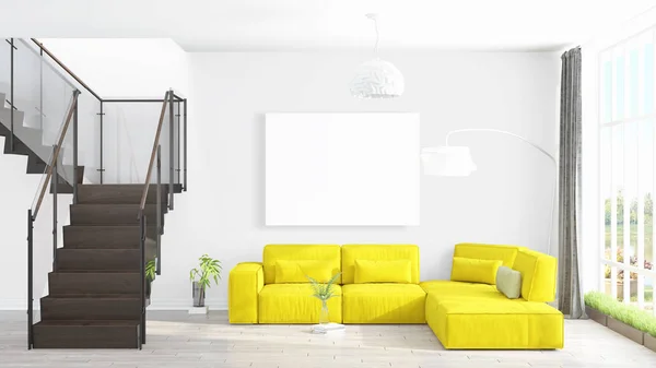 Moderne lichte interieur met lege kader. 3D-rendering — Stockfoto