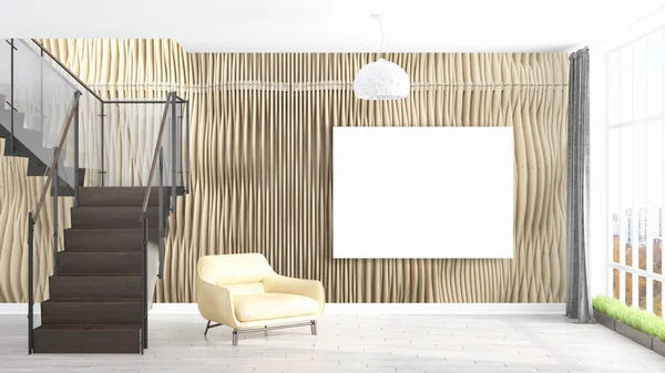 Boş çerçeve ile modern parlak iç. 3D render