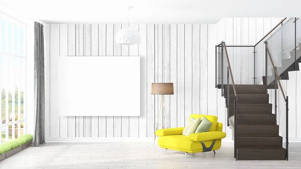 Modern bright interior with empty frame . 3D rendering — Stock Photo, Image