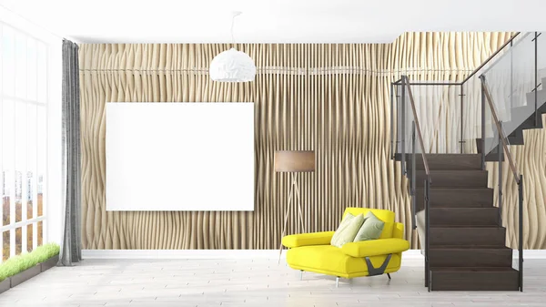 Moderní světlý interiér s prázdný rámeček. 3D vykreslování — Stock fotografie