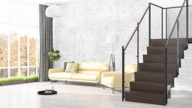 Modern parlak iç. 3D render