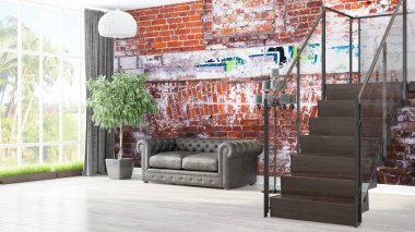 Modern parlak iç. 3D render