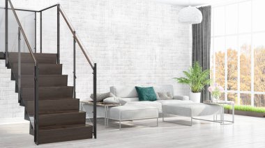 Modern parlak iç. 3D render