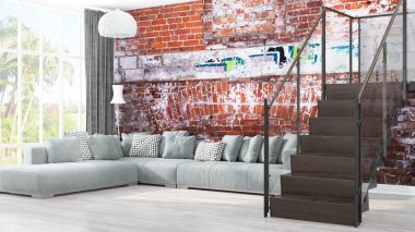 Modern parlak iç. 3D render