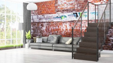 Modern parlak iç. 3D render