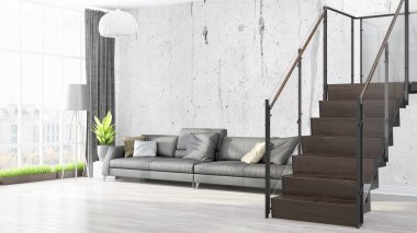 Modern parlak iç. 3D render