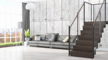 Modern parlak iç. 3D render