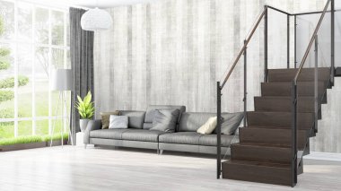 Modern parlak iç. 3D render