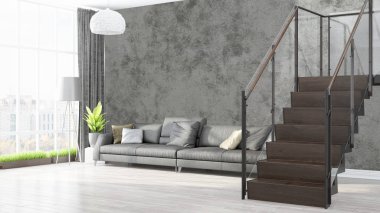 Modern parlak iç. 3D render