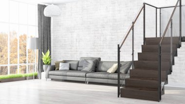 Modern parlak iç. 3D render