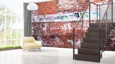 Modern parlak iç. 3D render